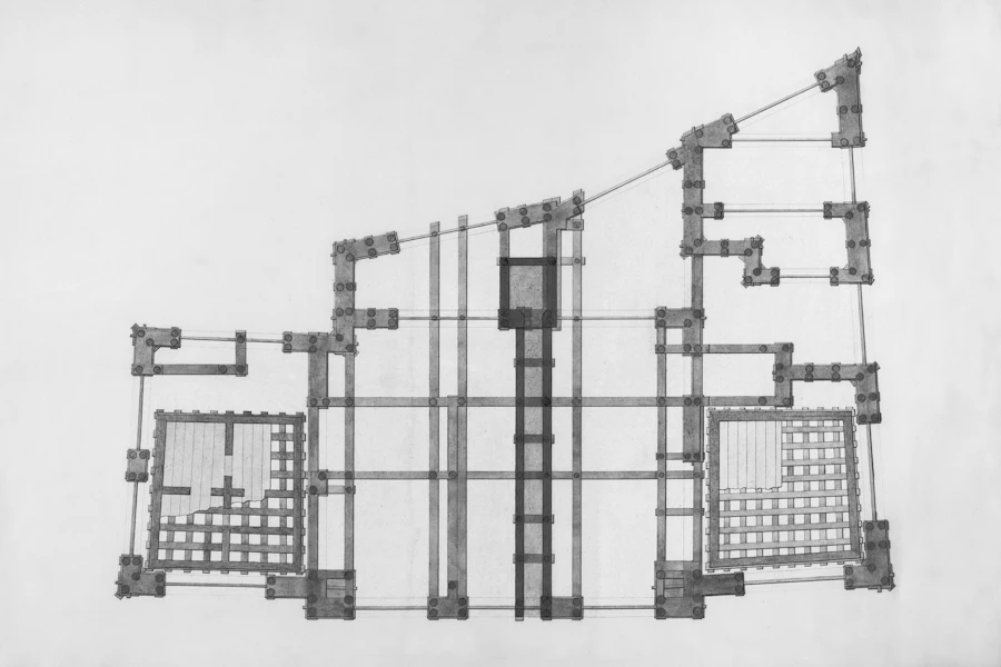 Ink floor plan drawing of a building with walls and stair cores